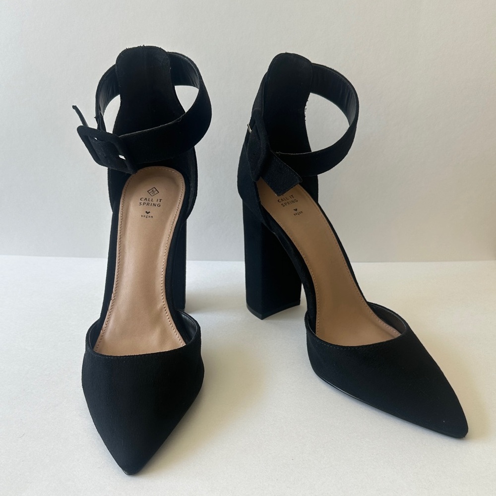 Call It Spring Black Vegan Suede Ankle Strap Heels- Size 9